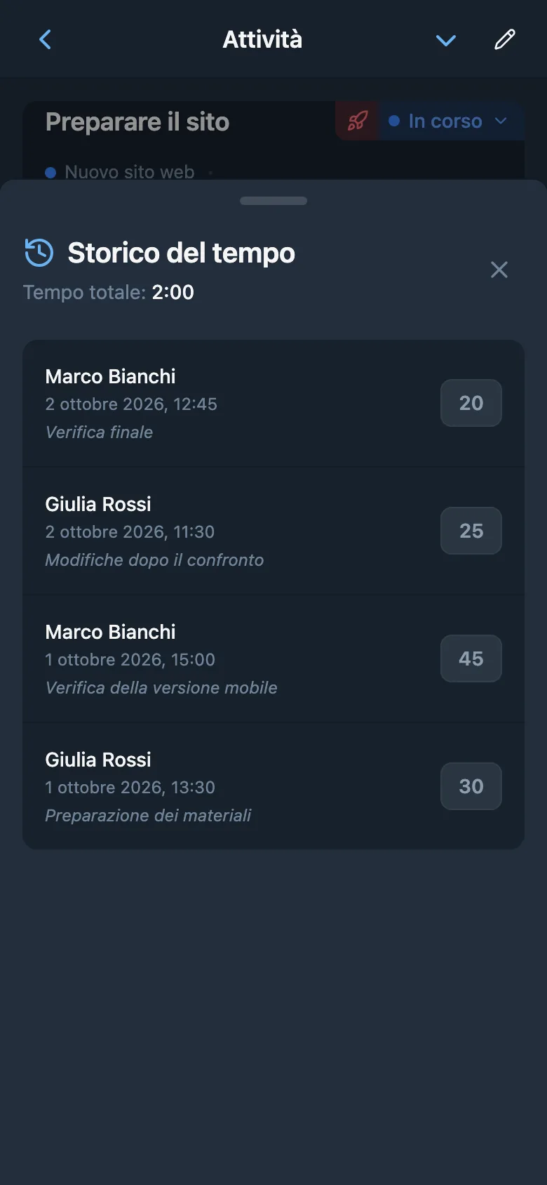 Registrazioni del tempo di un’attività con durate e commenti