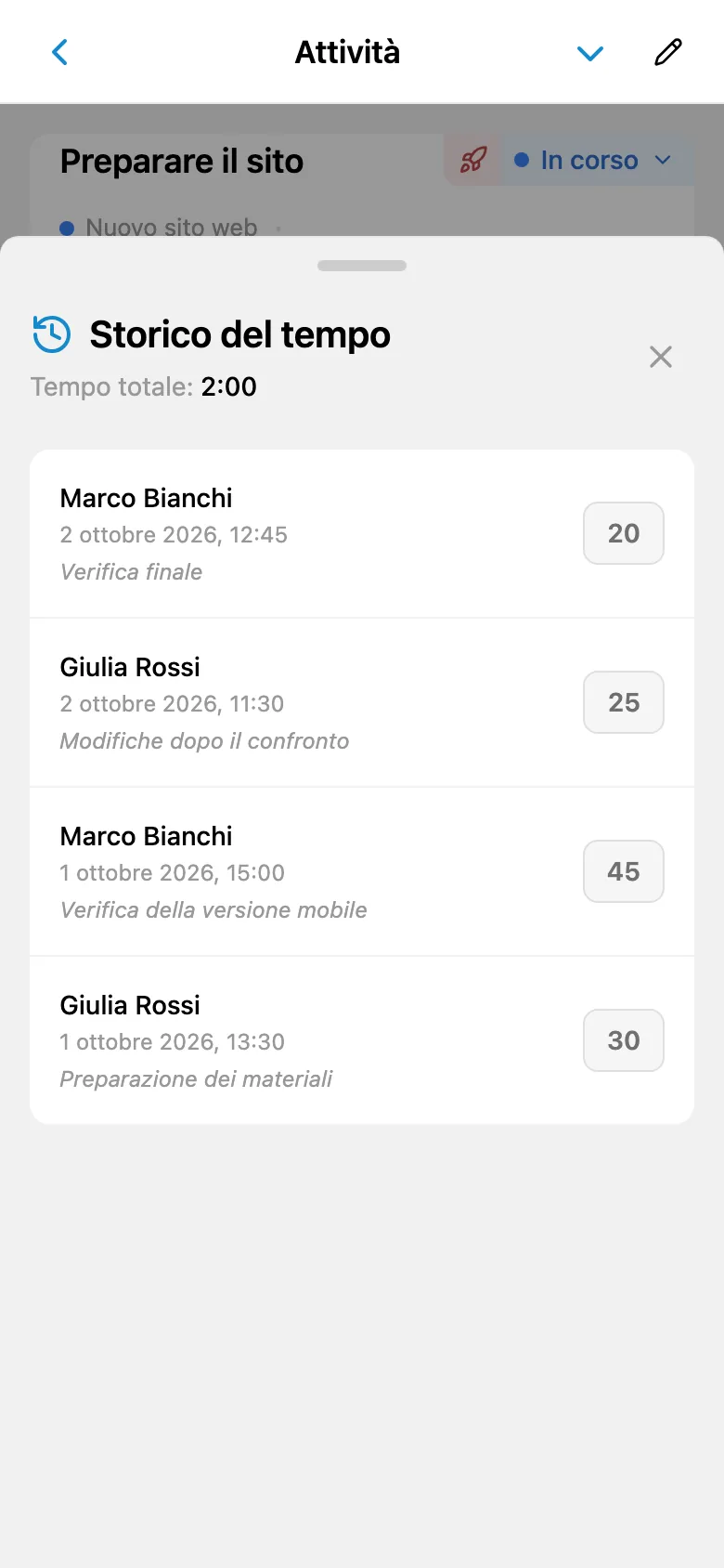 Registrazioni del tempo di un’attività con durate e commenti