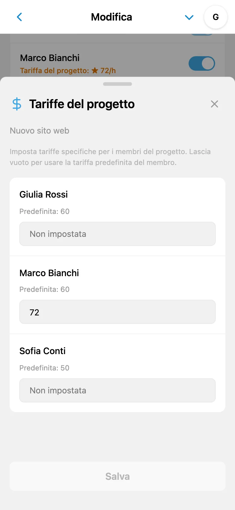 Tariffe individuali dei membri nel progetto selezionato