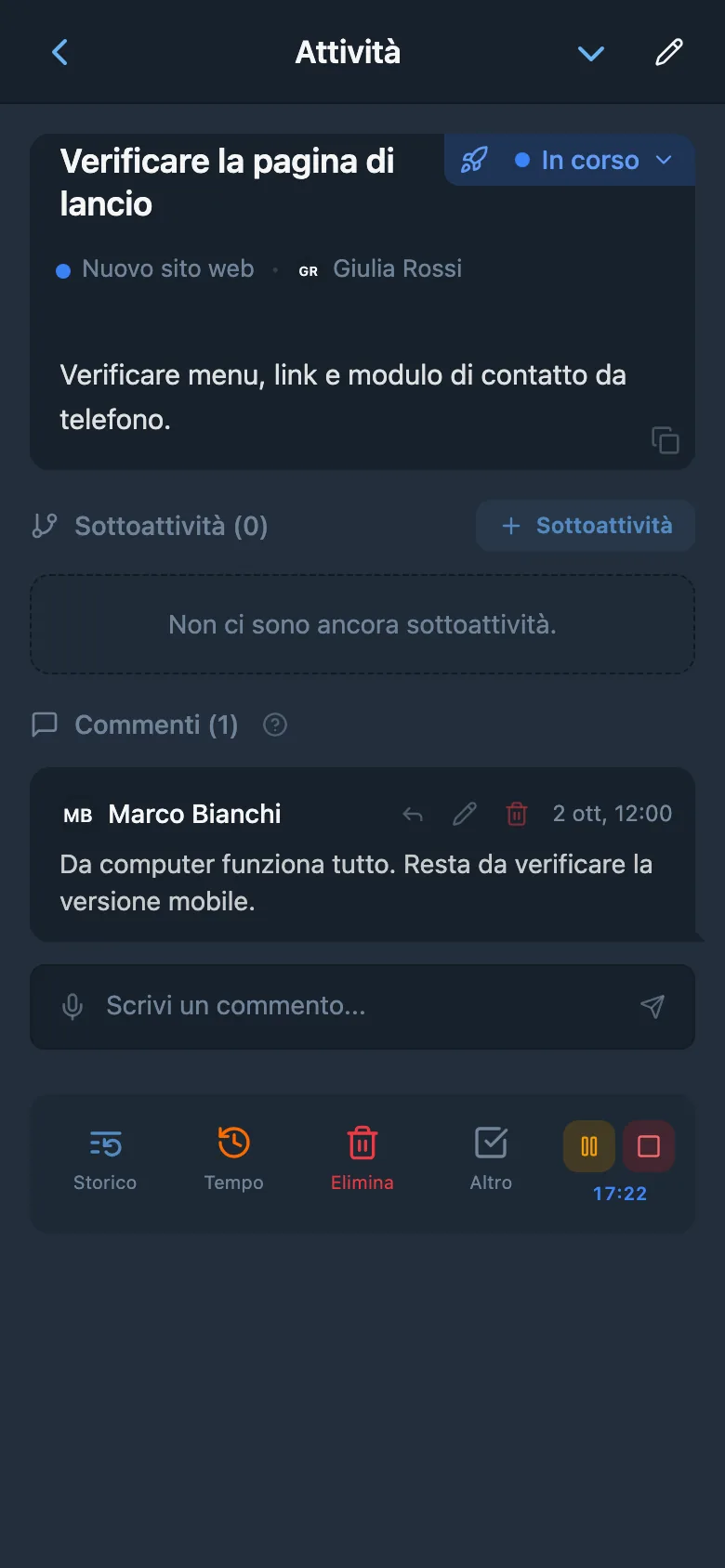 Timer di registrazione del tempo avviato su un’attività