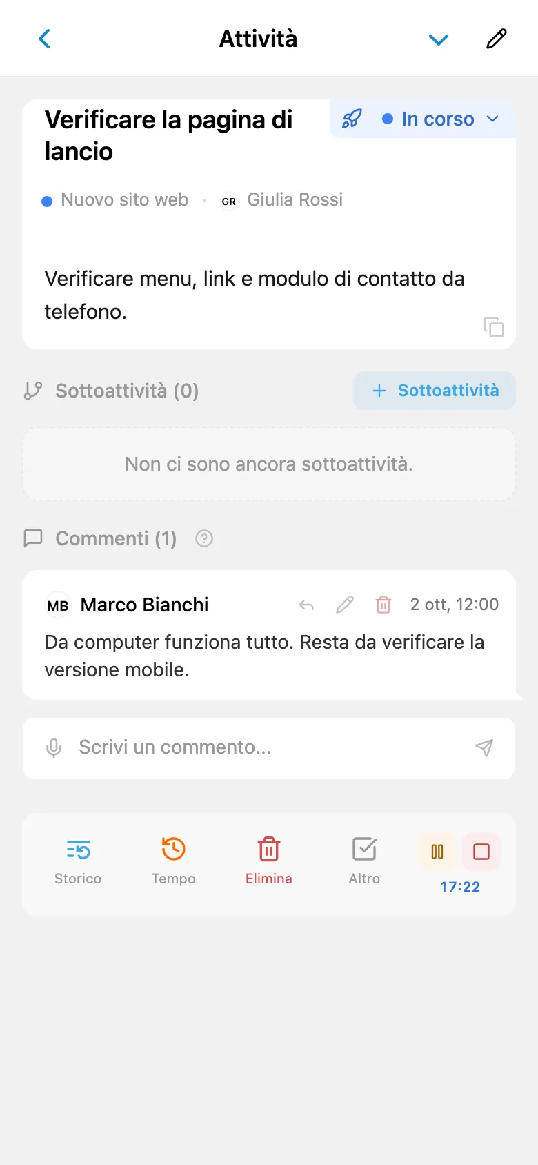 Timer di registrazione del tempo avviato su un’attività