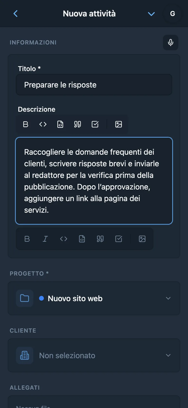 Modifica della descrizione dell’attività dopo l’inserimento vocale