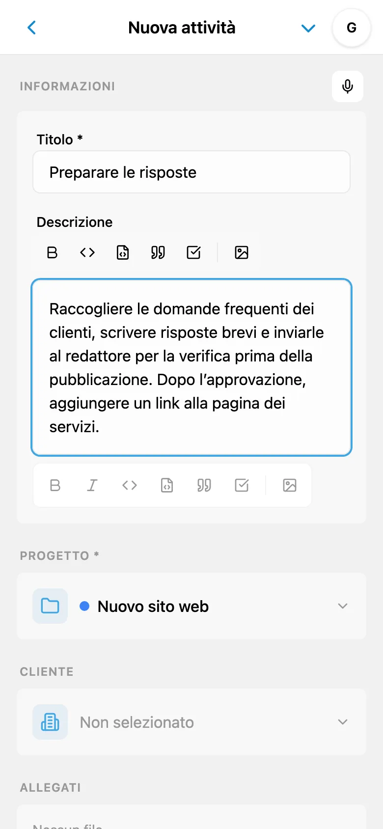 Modifica della descrizione dell’attività dopo l’inserimento vocale