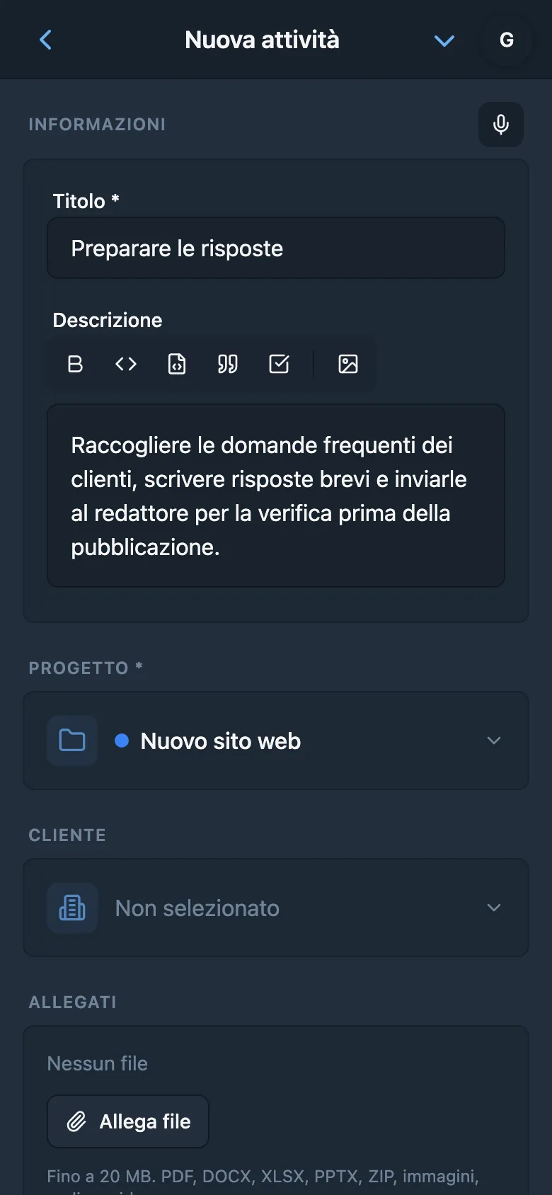 Titolo e descrizione dell’attività preparati dalla dettatura