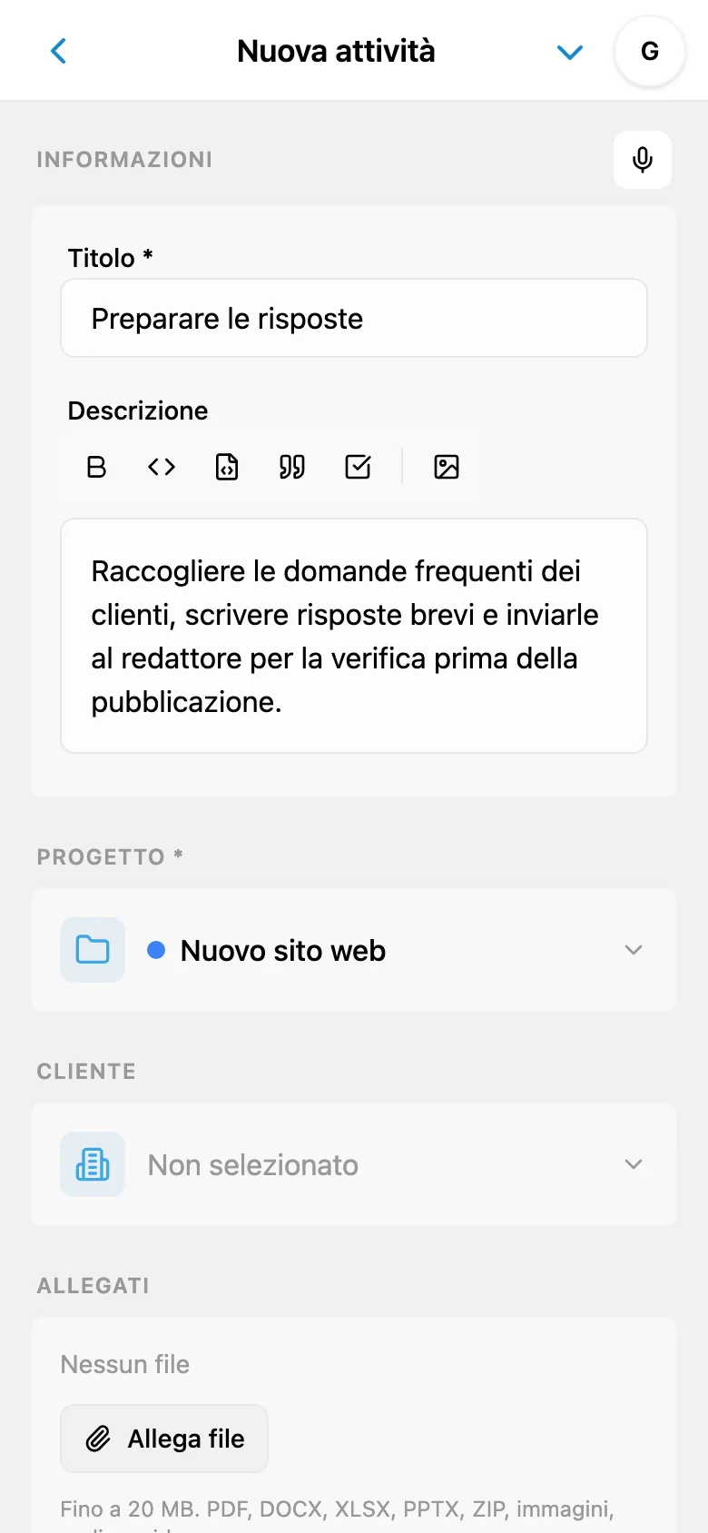 Titolo e descrizione dell’attività preparati dalla dettatura