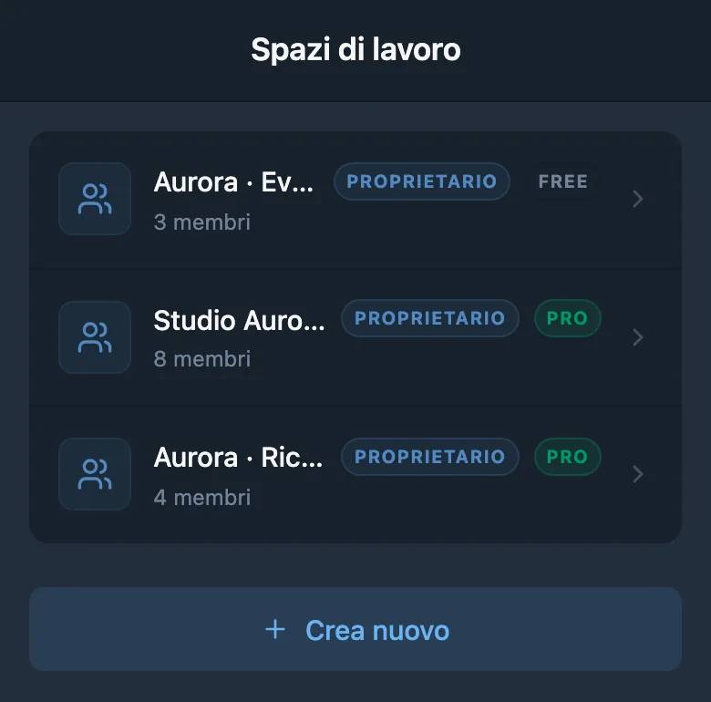 Elenco degli spazi di lavoro disponibili