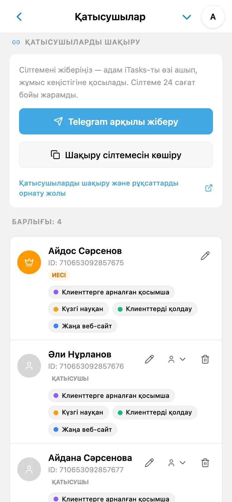 Тағайындалған рөлдері көрсетілген жұмыс кеңістігі қатысушыларының тізімі