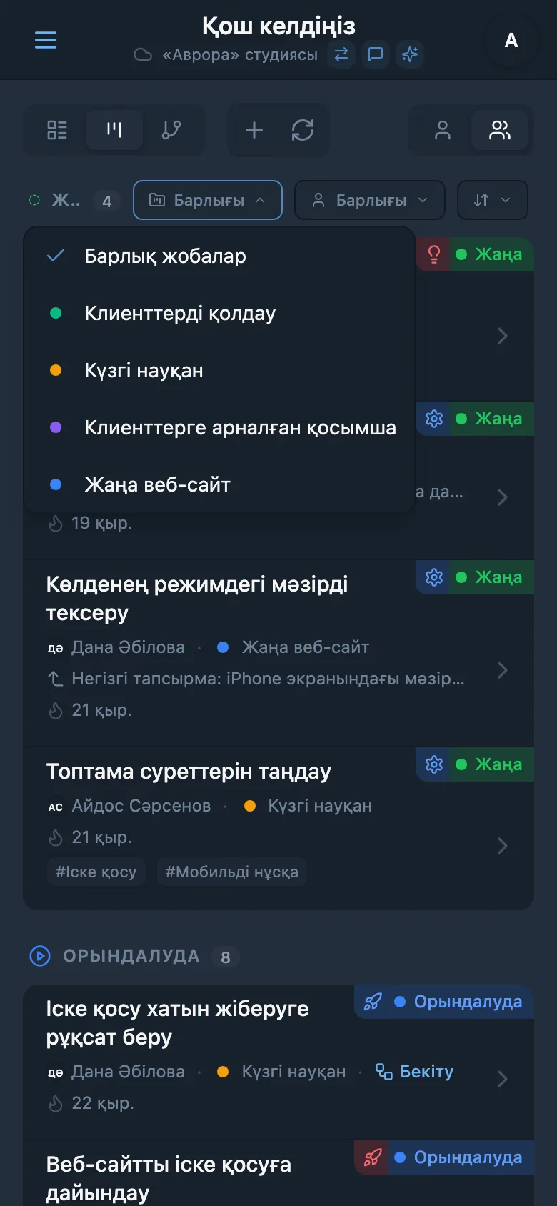 Тапсырмаларды жоба бойынша сүзу панелі