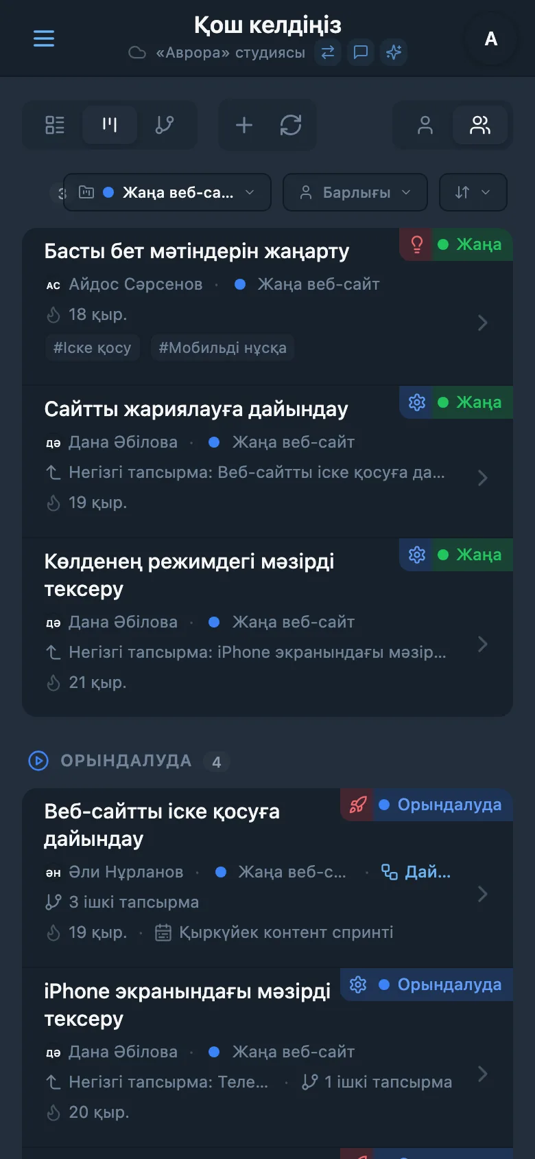 Студия тапсырмаларының күйлері, жобалары мен мерзімдері көрсетілген тізімі