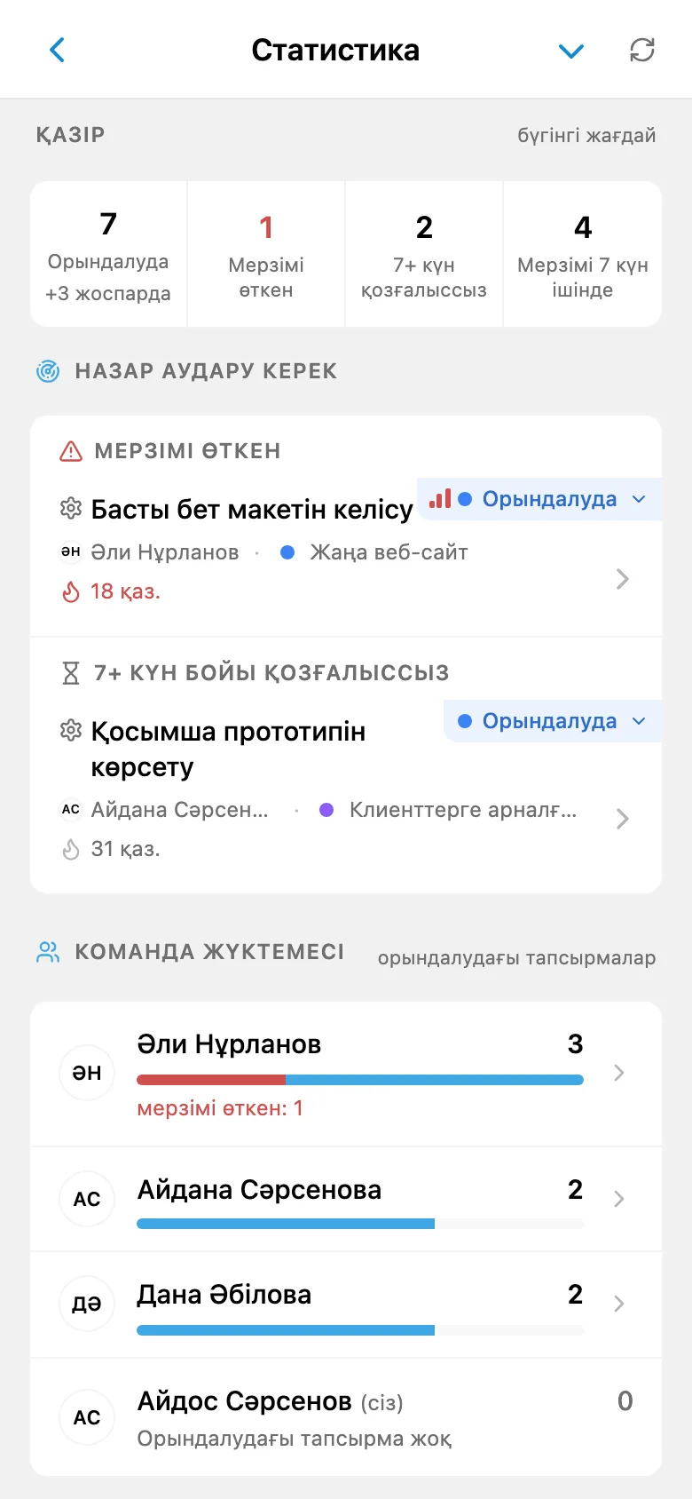 Жоба мен команда қатысушылары бойынша жұмыс статистикасы