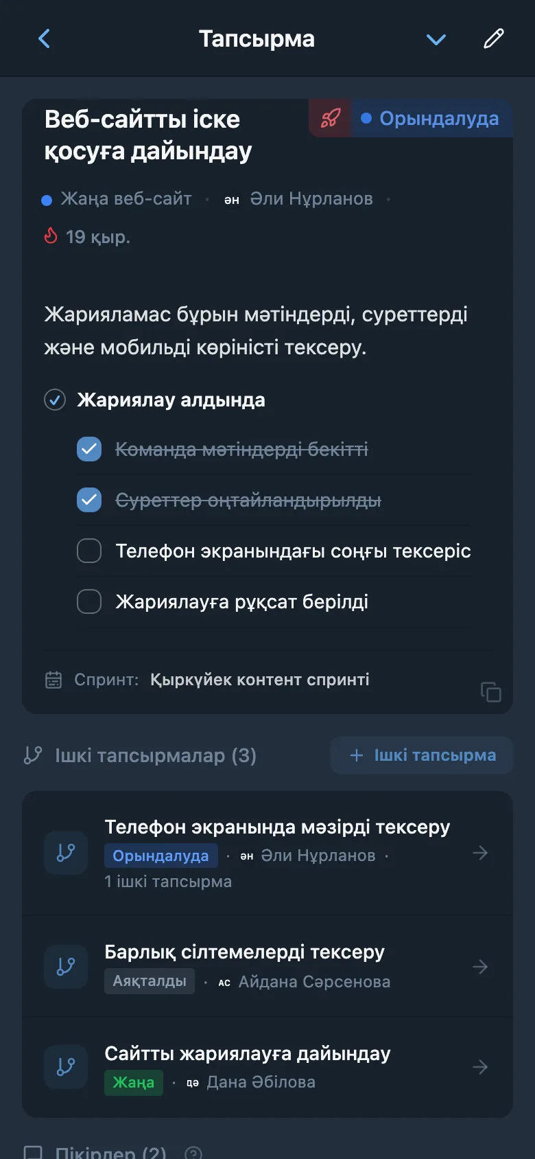 Жаңа веб-сайт тапсырмасының карточкасы: жауапты адам, чек-парақ және ішкі тапсырмалар