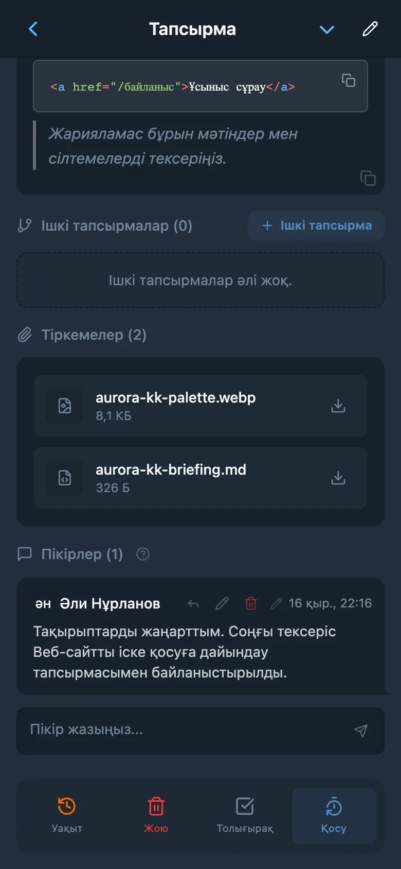 Тапсырма пікірлеріндегі команда хат алмасуы
