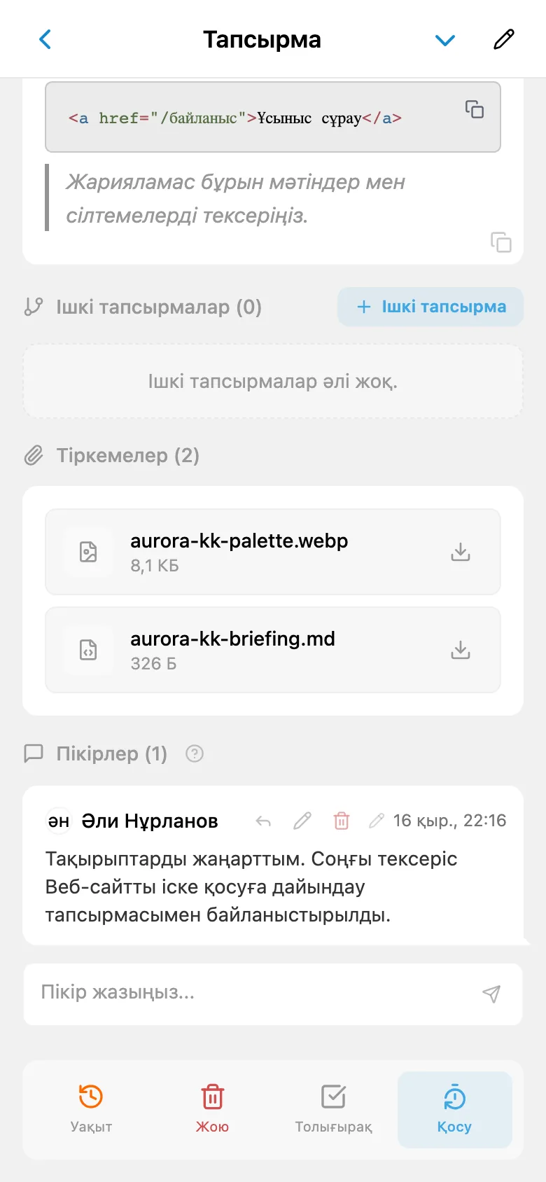 Тапсырма пікірлеріндегі команда хат алмасуы