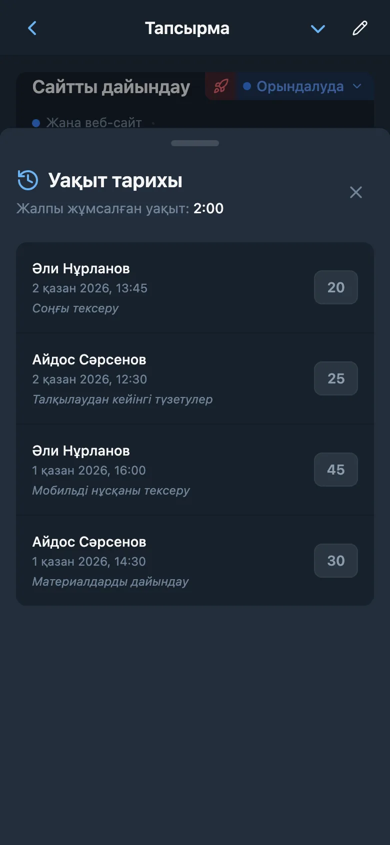 Ұзақтығы мен пікірлері көрсетілген тапсырма уақытының жазбалары
