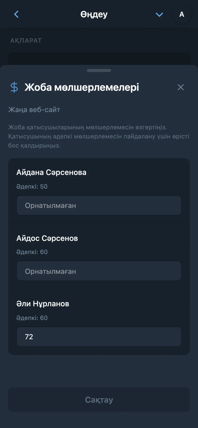 Таңдалған жобадағы қатысушылардың жеке мөлшерлемелері