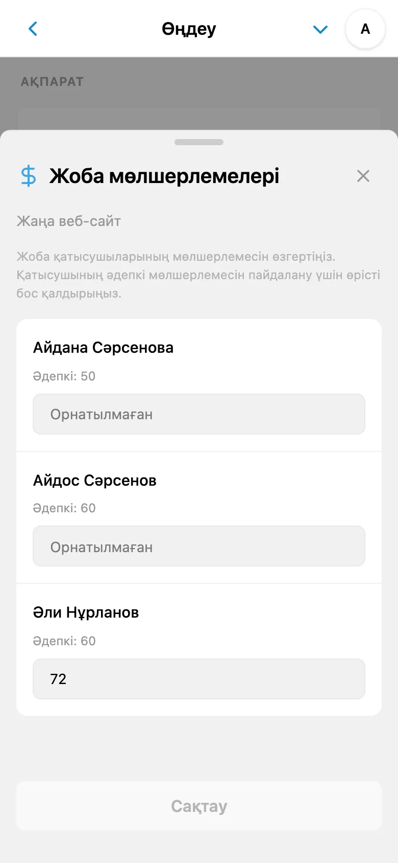 Таңдалған жобадағы қатысушылардың жеке мөлшерлемелері
