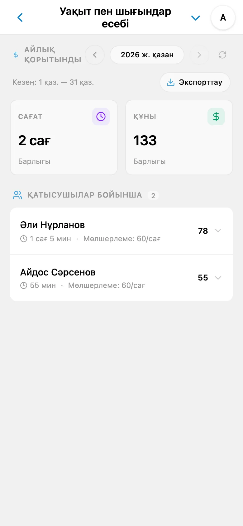 Жұмсалған уақыт пен жұмыс құны туралы айлық есеп