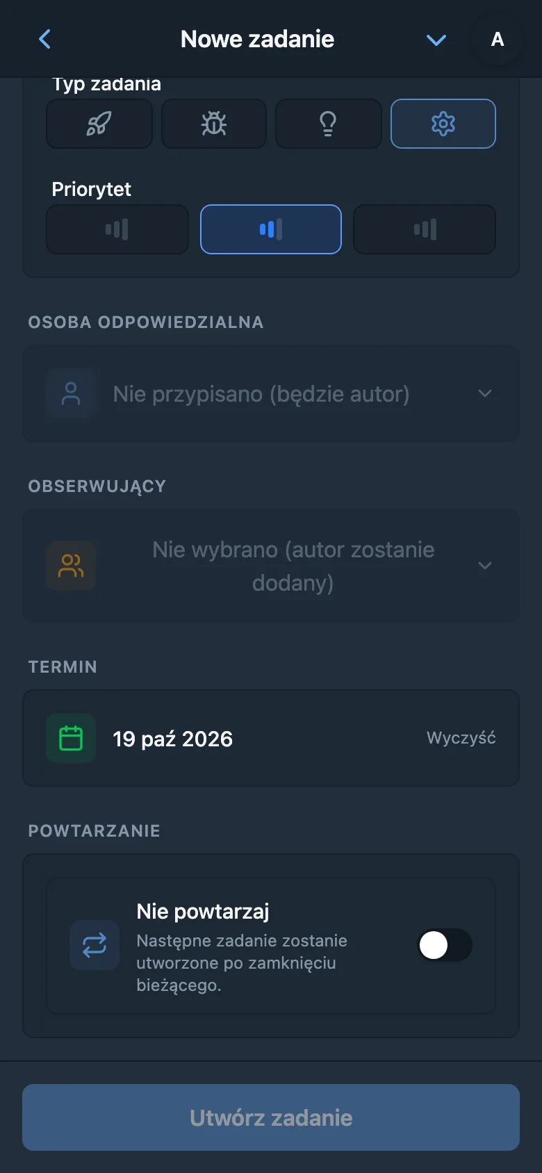 Termin rozpoznany w tym samym formularzu zadania