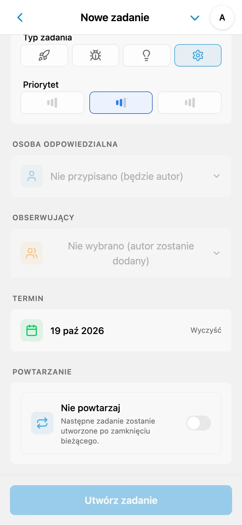 Termin rozpoznany w tym samym formularzu zadania