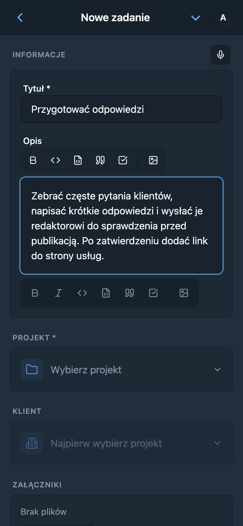 Edycja opisu zadania po głosowym wprowadzaniu