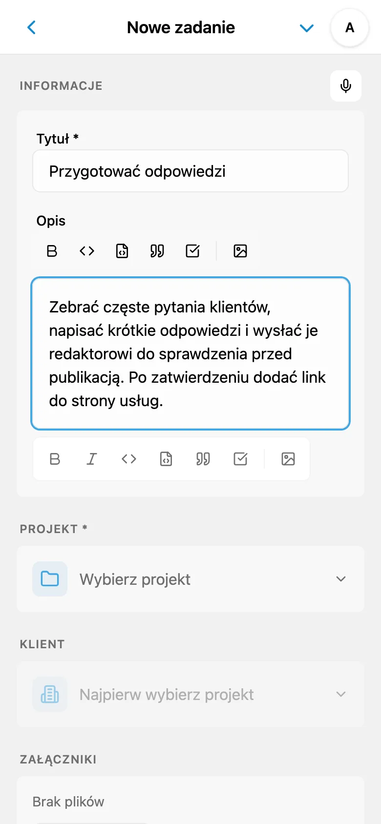 Edycja opisu zadania po głosowym wprowadzaniu