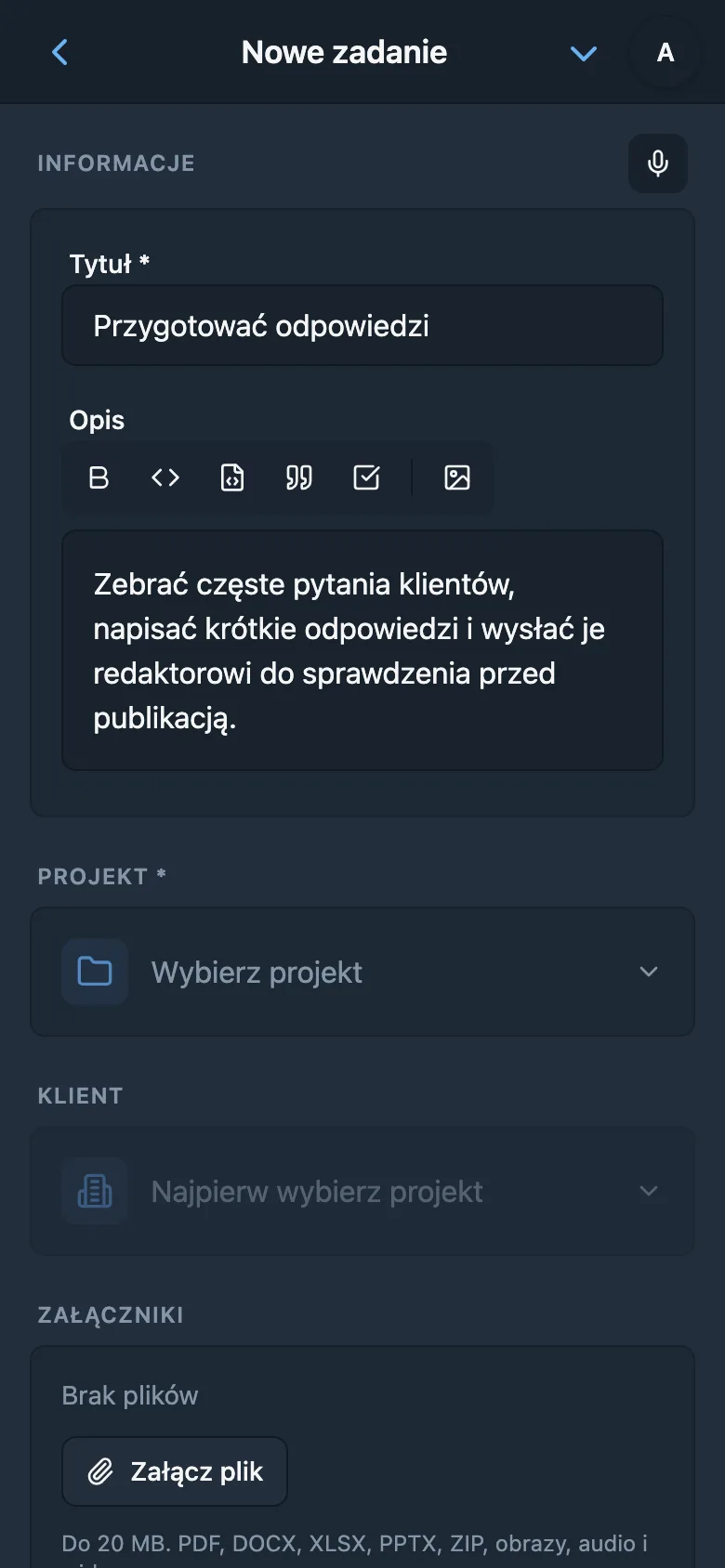 Tytuł i opis zadania przygotowane z dyktowania
