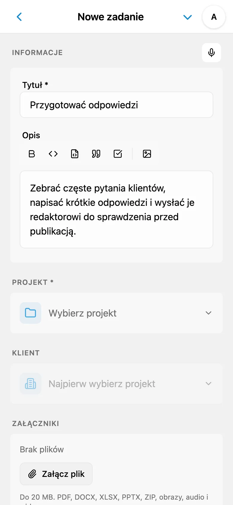 Tytuł i opis zadania przygotowane z dyktowania