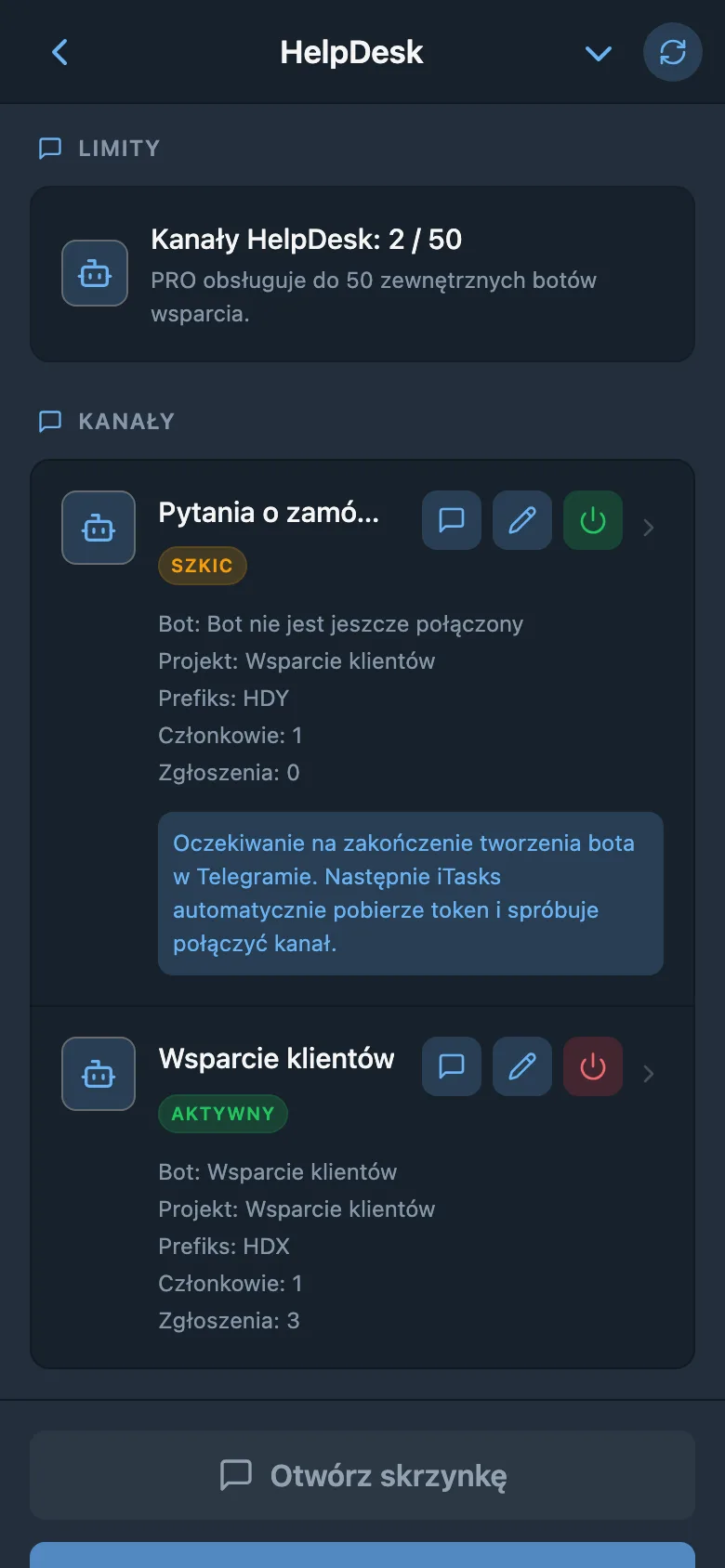 Lista kanałów HelpDesk