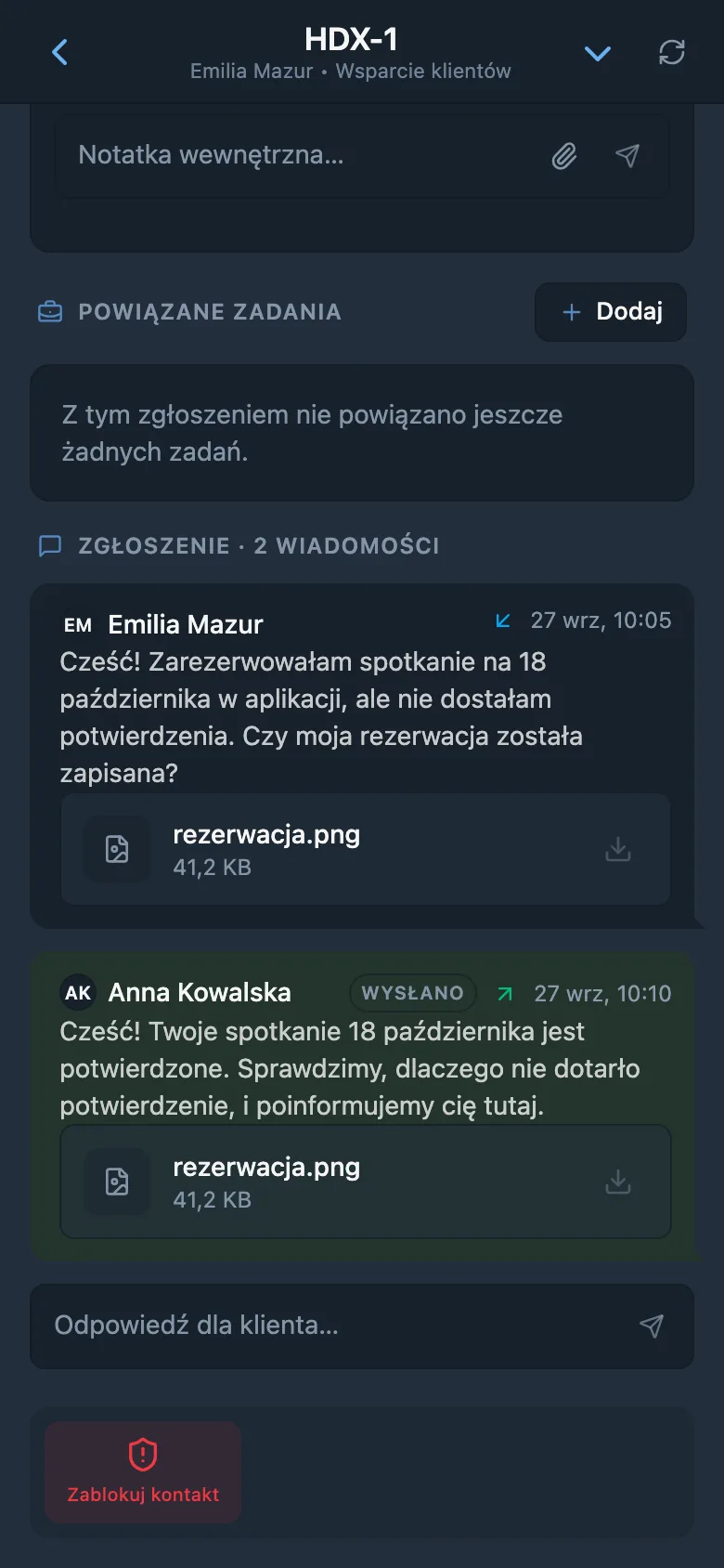 Zewnętrzna odpowiedź HelpDesk do klienta z załącznikiem