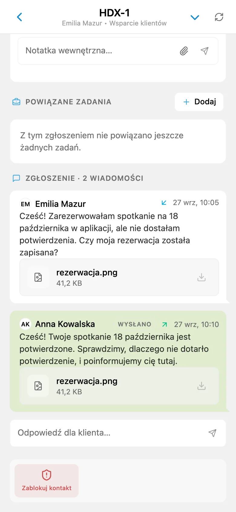 Zewnętrzna odpowiedź HelpDesk do klienta z załącznikiem