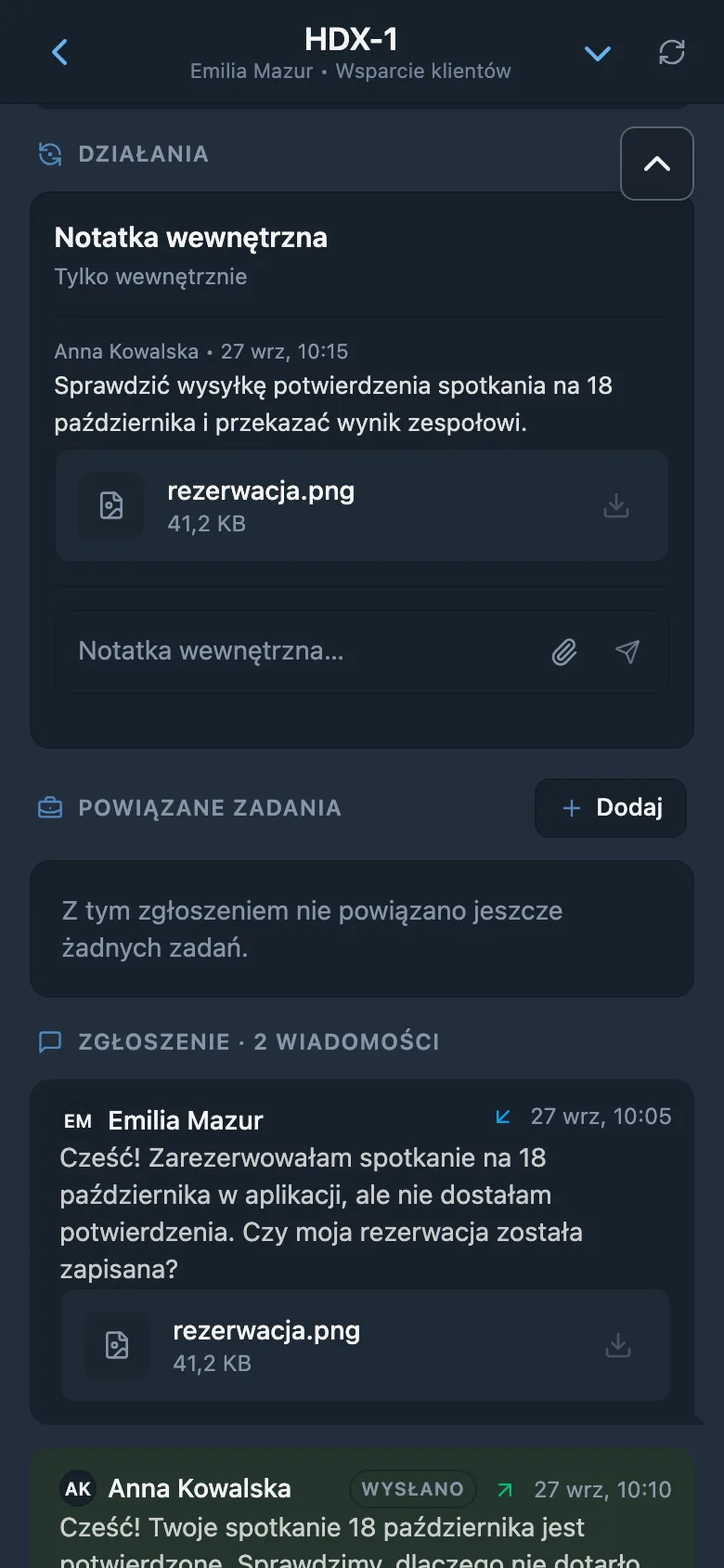 Notatka wewnętrzna w zgłoszeniu HelpDesk
