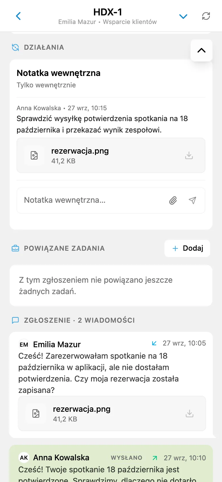 Notatka wewnętrzna w zgłoszeniu HelpDesk