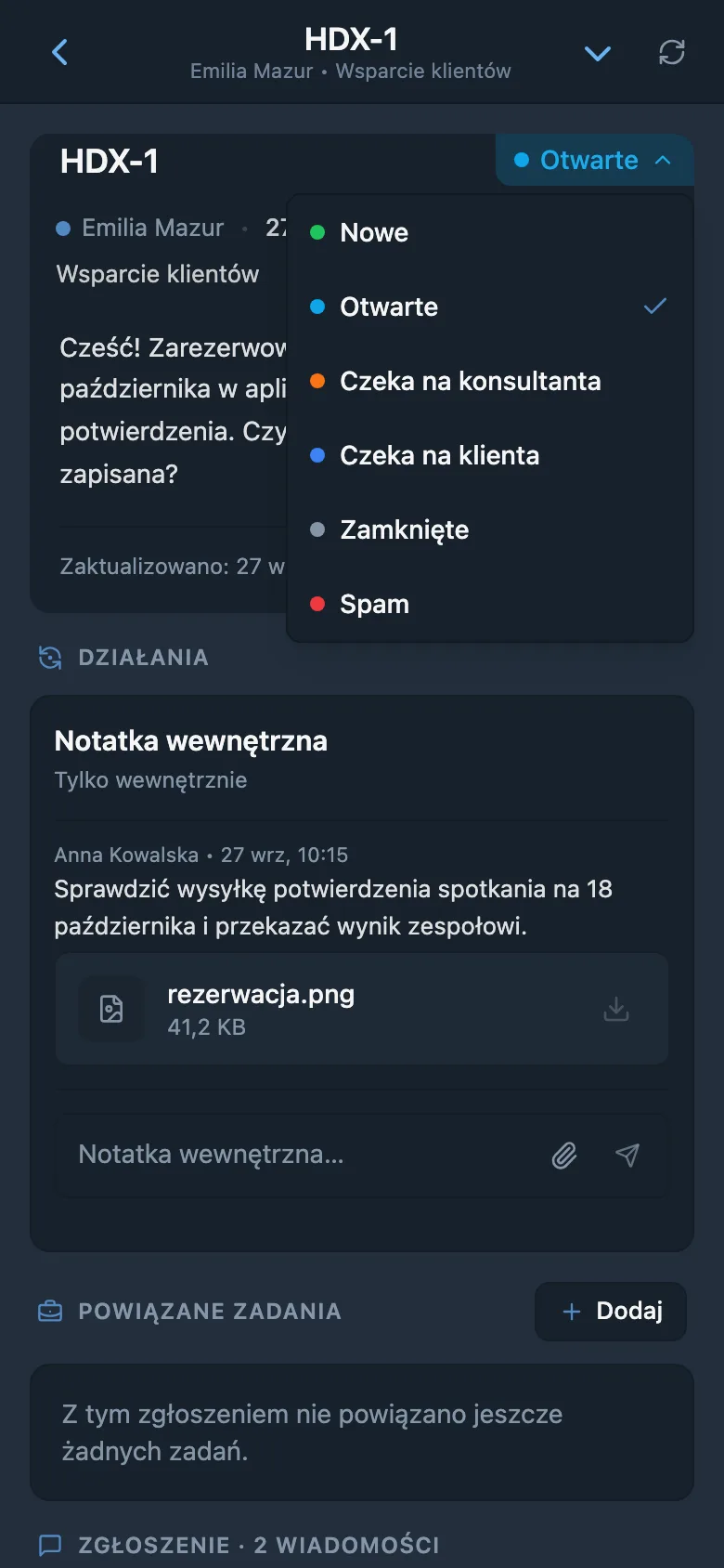 Otwarte zgłoszenie klienta ze statusem i osobą odpowiedzialną