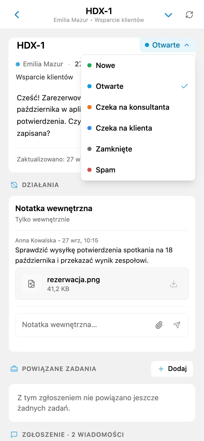 Otwarte zgłoszenie klienta ze statusem i osobą odpowiedzialną