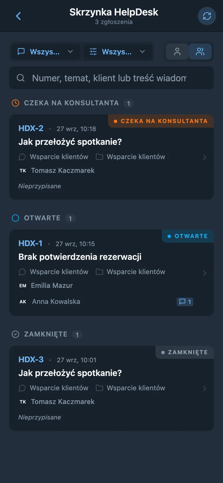 Zgłoszenia klientów w różnych statusach