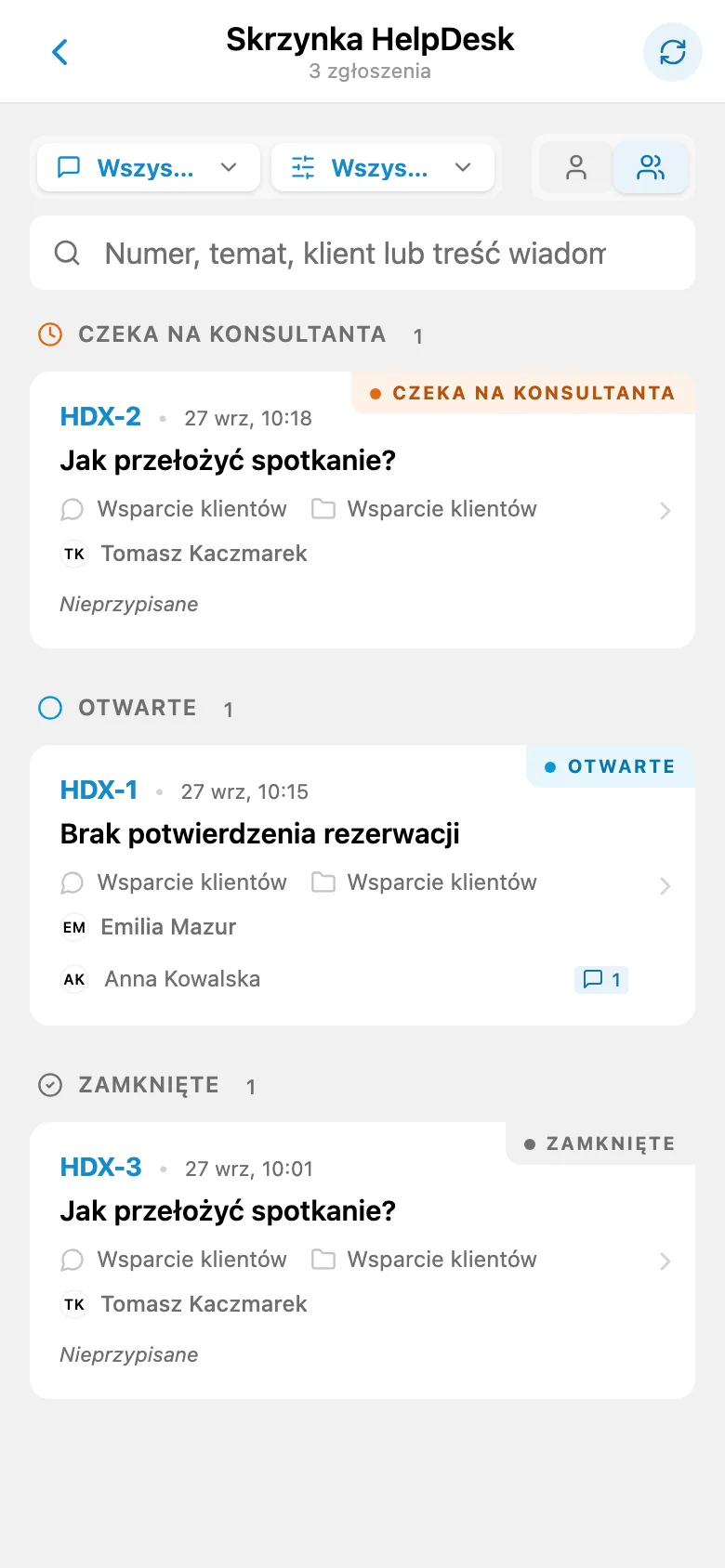 Zgłoszenia klientów w różnych statusach