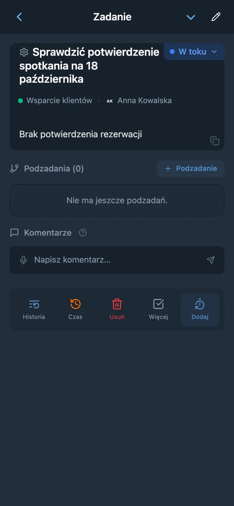 Karta zadania powiązanego ze zgłoszeniem klienta