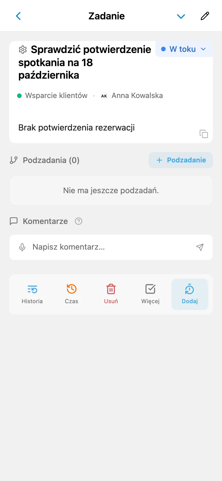 Karta zadania powiązanego ze zgłoszeniem klienta