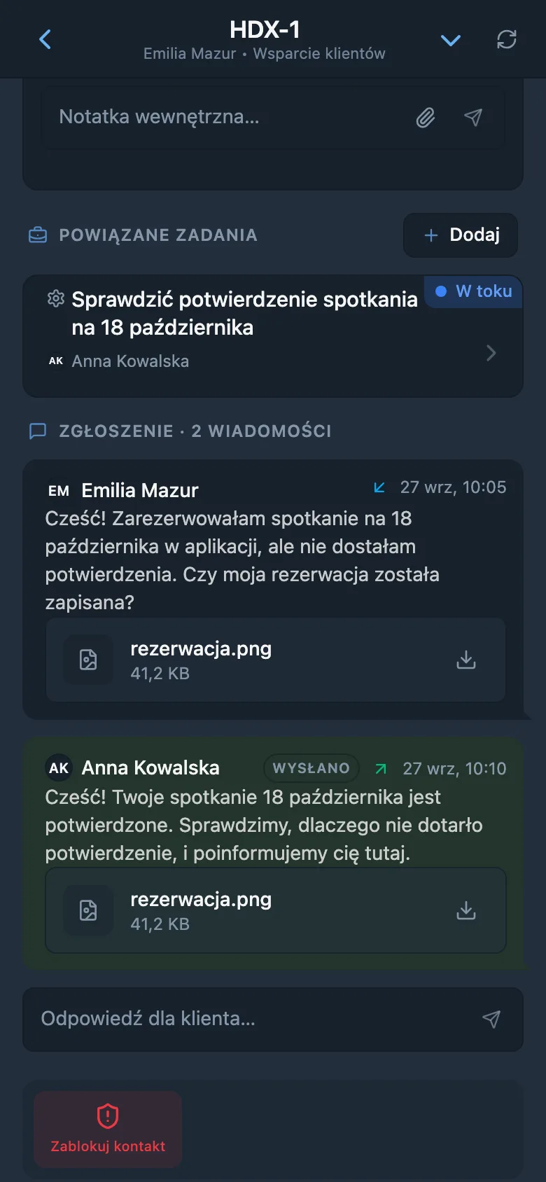Zgłoszenie HelpDesk powiązane z zadaniem zespołu