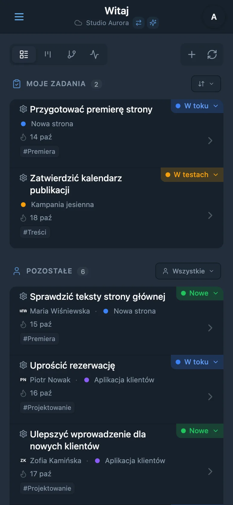 Lista zadań studia ze statusami, projektami i terminami