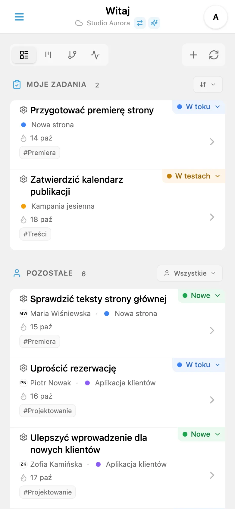 Lista zadań studia ze statusami, projektami i terminami