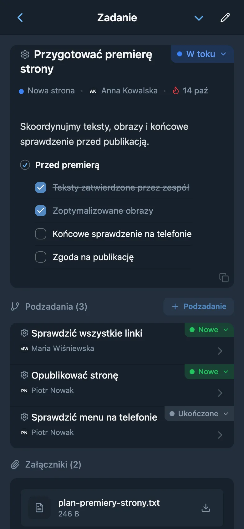 Karta zadania nowej strony z osobą odpowiedzialną, listą kontrolną i podzadaniami