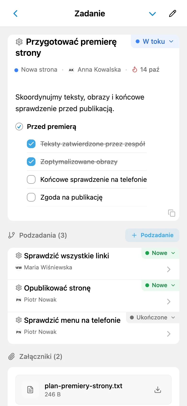 Karta zadania nowej strony z osobą odpowiedzialną, listą kontrolną i podzadaniami