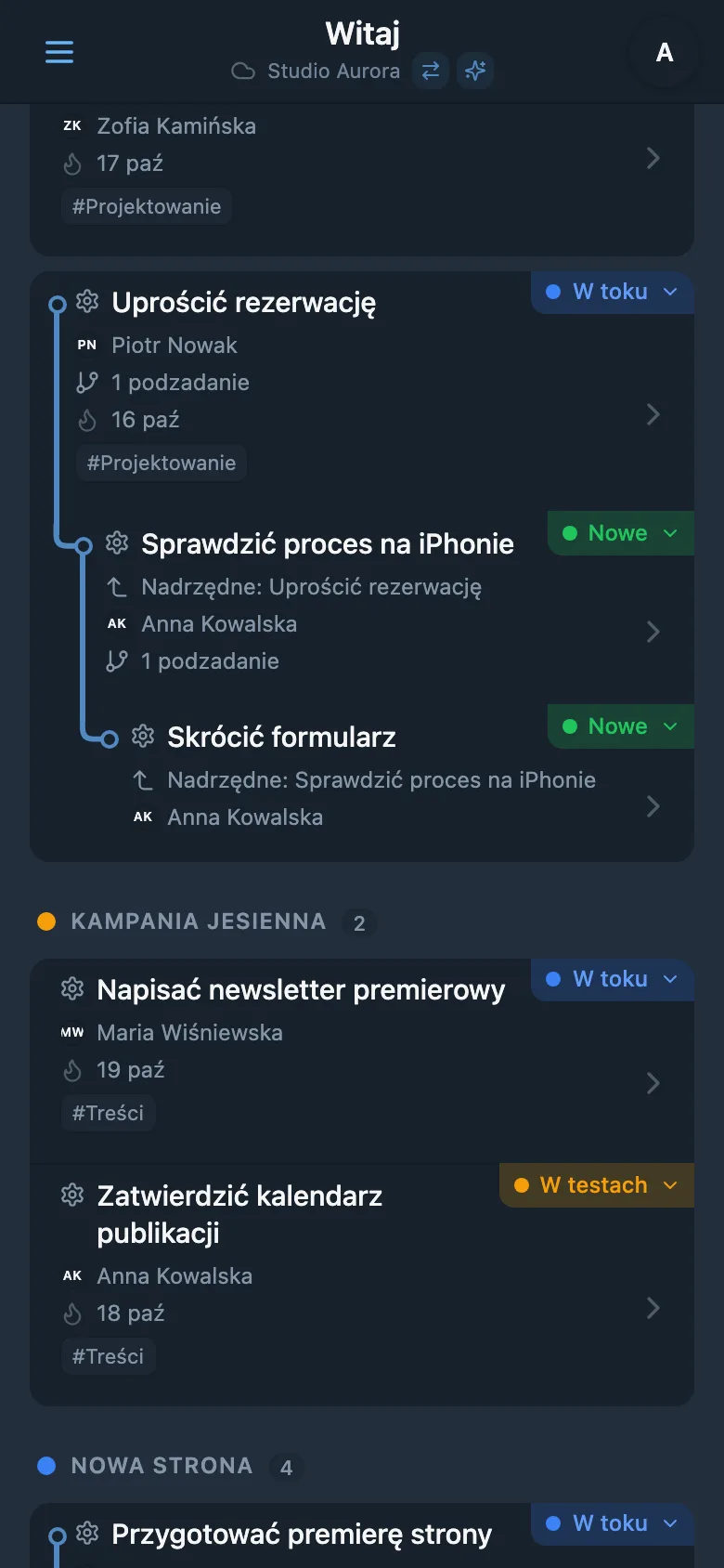 Rozwinięte drzewo projektu z kilkoma poziomami podzadań