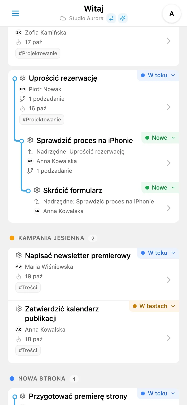 Rozwinięte drzewo projektu z kilkoma poziomami podzadań