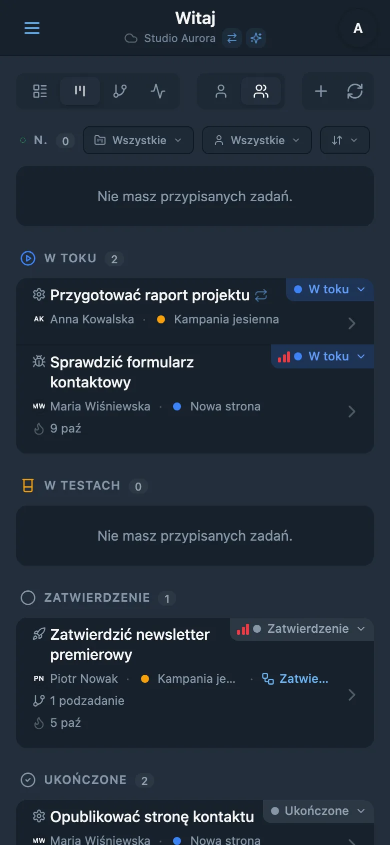 Kolumna ukończonych zadań na tablicy Kanban
