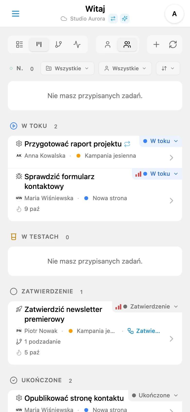 Kolumna ukończonych zadań na tablicy Kanban