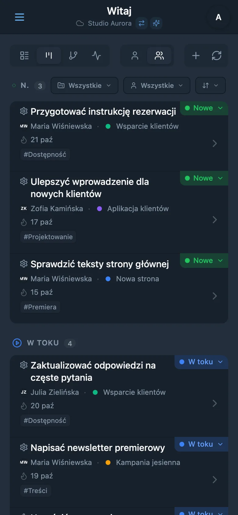 Tablica Kanban z zadaniami pogrupowanymi według statusów
