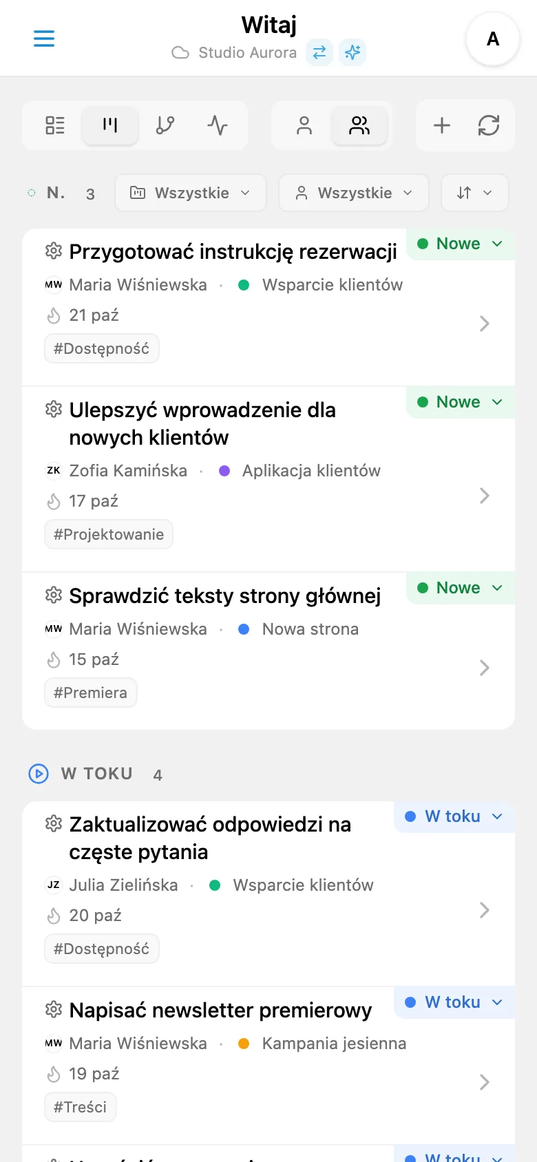 Tablica Kanban z zadaniami pogrupowanymi według statusów