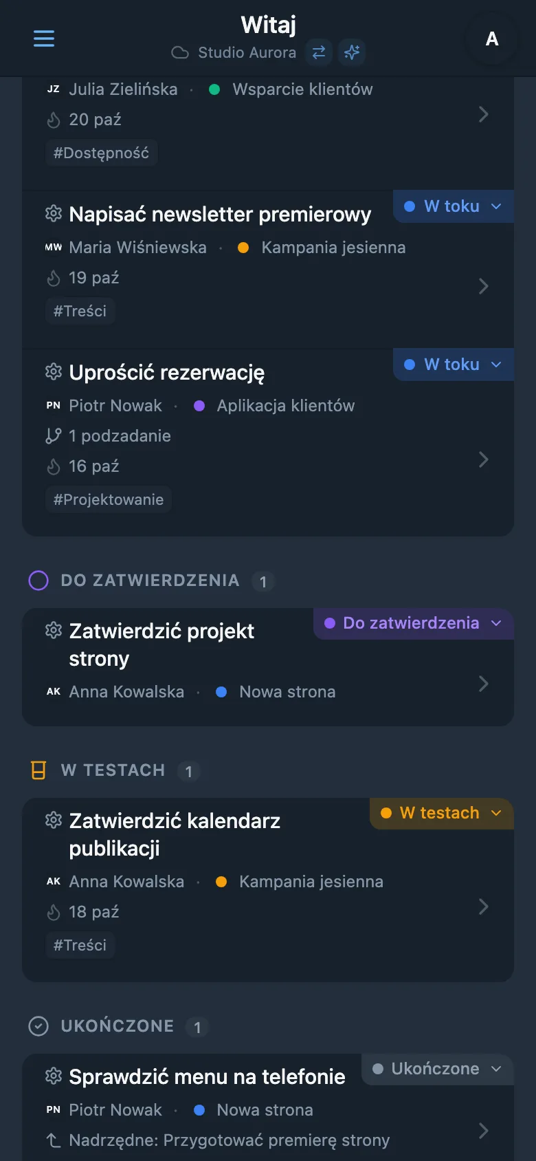 Tablica Kanban z własnymi statusami
